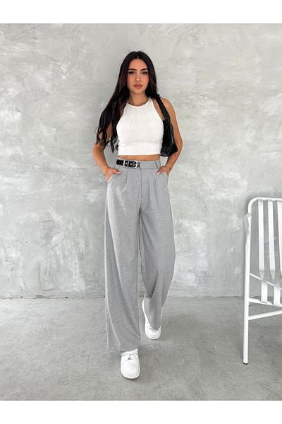 Gugus Women's Waist Buckle/Belt Detail Loose Leg Fabric Pants