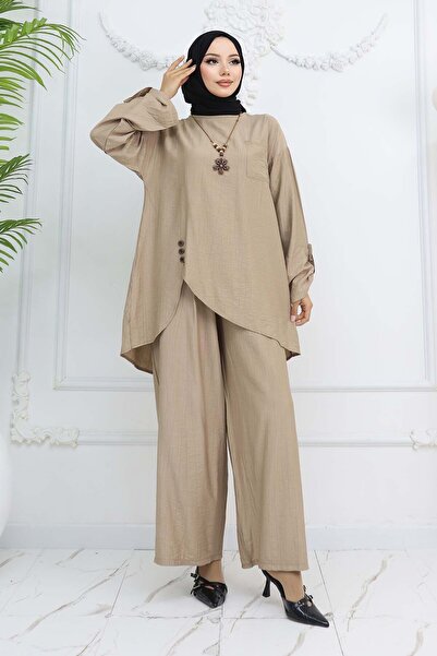 benguen Button Detailed Necklace Double Suit Mink 4782