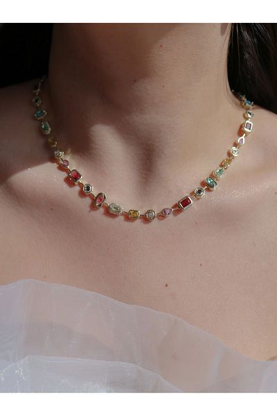 Reorah Collection Colormix Necklace-Row of Colored Stones 7 Elements Necklace