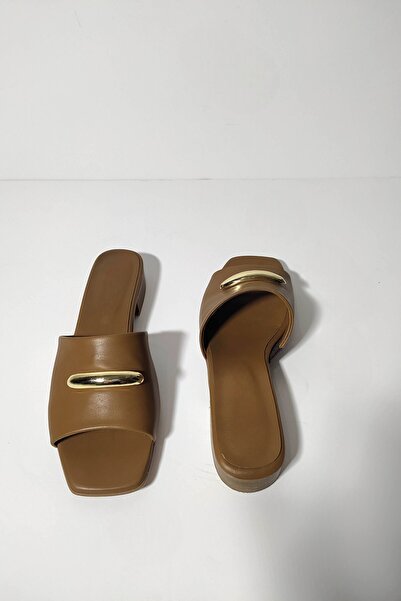 ERS Air Comfort Kadın Taba Hakiki Deri Gold Toka Detaylı Şık Terlik K.358