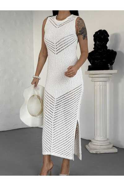 LE CARAMBOLE Γυναικείο Καλοκαιρινό Πλεκτό Φόρεμα Λευκό Πλεκτό με Λεπτομέρεια Σκίσιμο