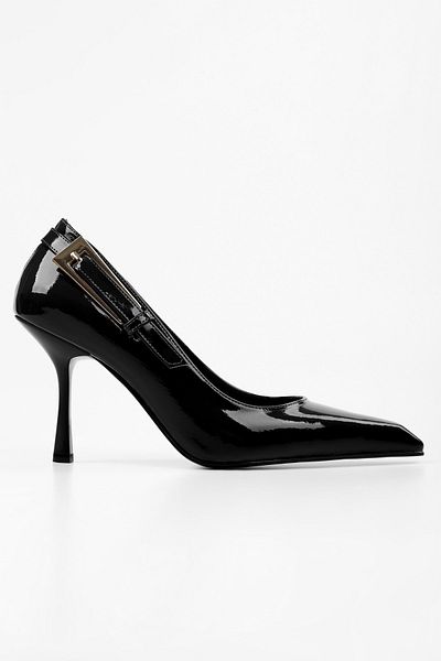 Shoeberry Women's Myra Black Patent Leather Belt Buckle Stiletto