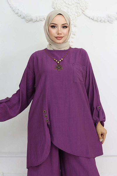 benguen Purple 4782 Button Detailed Necklace Double Suit
