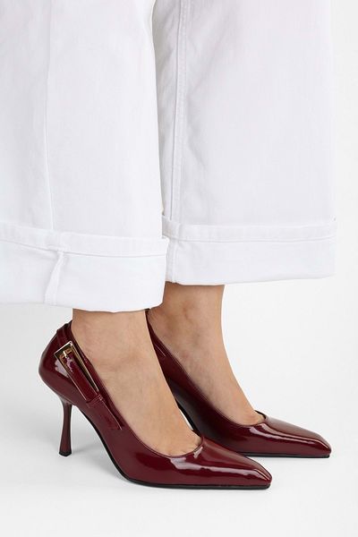 Shoeberry Women's Myra Burgundy Stiletto - Buckle Patent Leather Belt