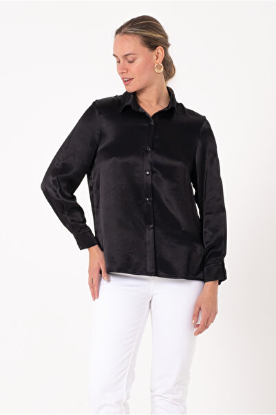 SCREENSHOT Kadın %100 Saten Siyah Gömlek / Günlük ve Özel Günler İçin İdeal