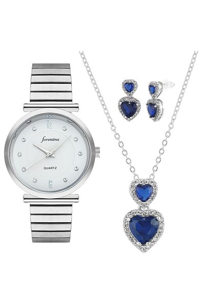 Forentina Navy Blue Double Heart Jewelry - Gray Metal Wrist Watch Ps4072