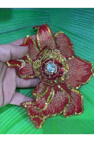 Gönülden Tasarım Stone Embroidery Processing Varaced Flower Coat of Arms Sewing Applique 17X13 cm Red