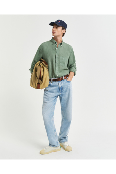 Gant Erkek Yeşil Regular Fit Düğmeli Yaka Keten Gömlek