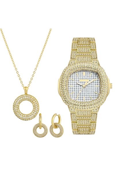 Forentina Gold Round Stone Necklace Earrings-Stone Wristwatch Combination Set Ps4075