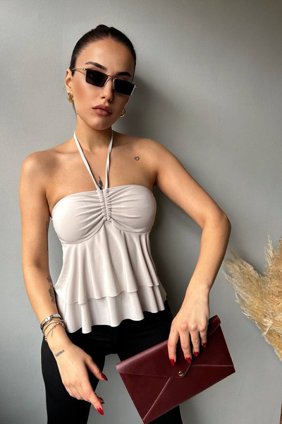 CİDDE Жіноча майка з шнурівкою на бретельках, з деталями на горловині, з пір'ям, з пір'ям, з пір'ям, з пір'ям, з пір