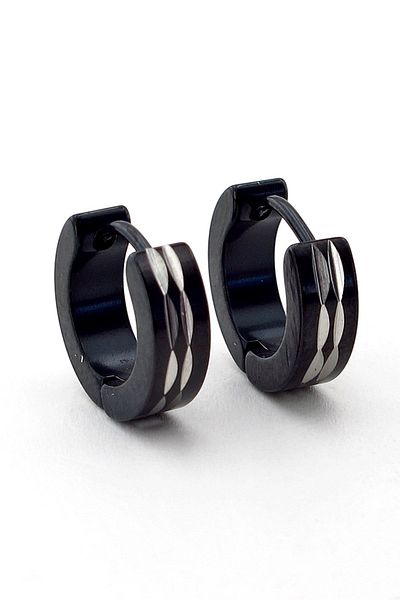 Solfera Black Color Steel Hoop Men's Earrings - Double Stripes