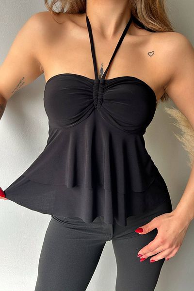 CİDDE Women's Gloped Halter Lace Detail Halter Blouse Sandy Fabric