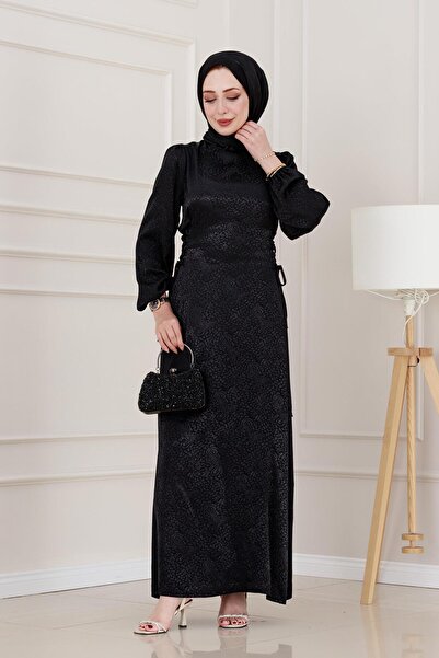 Sevitli Banu Side Lace Up Satin Βραδινό Φόρεμα-Μαύρο