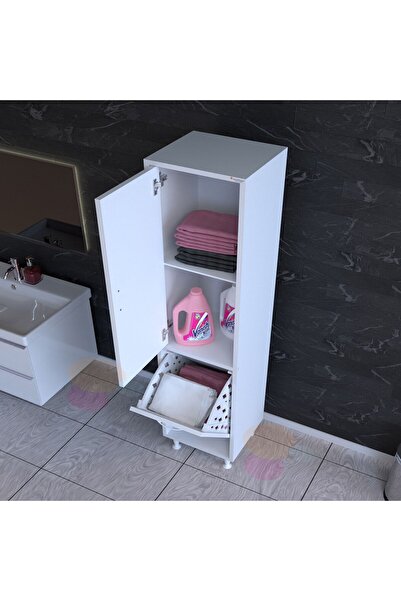 Modilayn Alaçatı 35 x 138 cm Çamaşır Sepetli Dolap Banyo Dolabı Temizlik Deterjan Dolabı