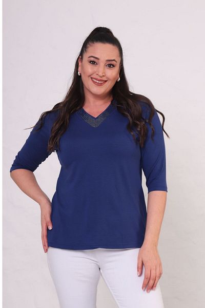 tarzımsüper Women's V-Neck Capri Sleeve Stone Printed Comfort Model Blouse