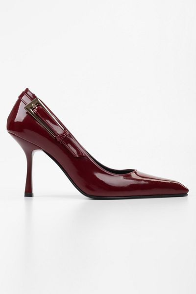 Shoeberry Women's Myra Burgundy Stiletto - Buckle Patent Leather Belt