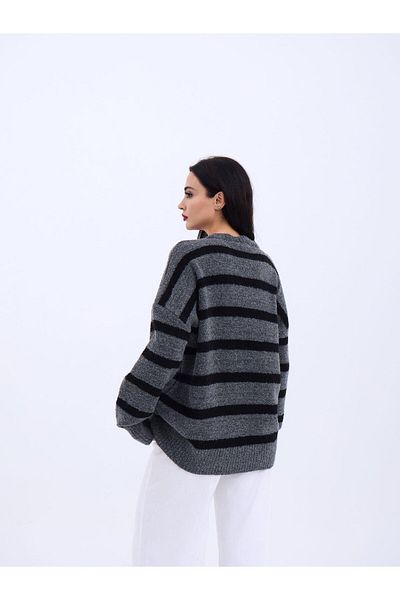 MODA 43111 Tricot Striped Sanding Sweater-Anthracite-Black