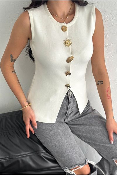 FEMELLE سترة نسائية محبوكة ذات مقاس قياسي كريمي مع تفاصيل أزرار