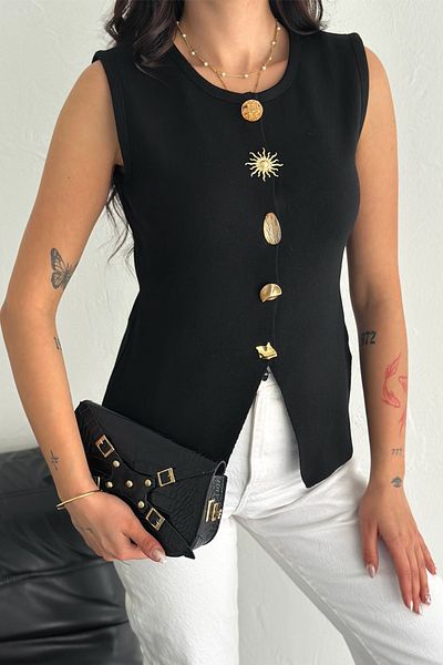 FEMELLE Women's Black Standard Size Button Detailed Knitwear Vest