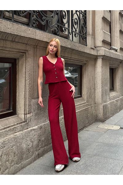 hazelin Pantaloni din țesătură Seersucker cu talie burgundă pentru femei - HZL24S-ZK13261