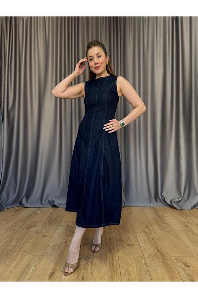 Size Özgü Rochie din blugi închis cu detaliu cusătură