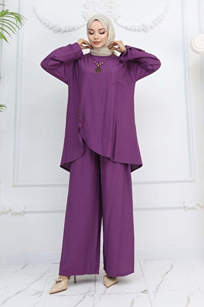 benguen Purple 4782 Button Detailed Necklace Double Suit