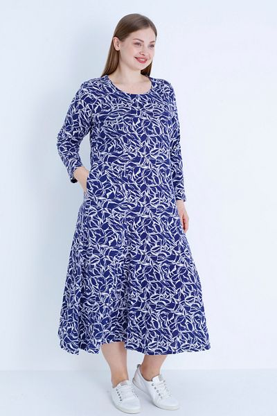 İntensive Women's Navy Blue Patterned Cotton Long Sleeve Large Size Dress