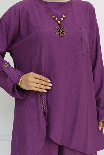 benguen Purple 4782 Button Detailed Necklace Double Suit