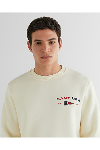 Gant Erkek Krem Regular Fit Bisiklet Yaka Logolu Sweatshirt
