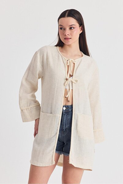 Rays Natural Collar Knit Trim Detailed Lace up Kimono 4411A