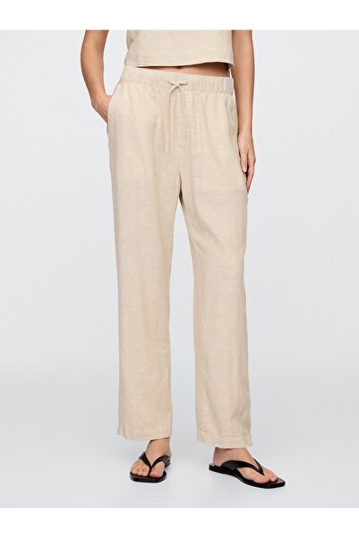 GAP Kadın Bej Mid Rise Keten Karışımlı Pull-On Pantolon