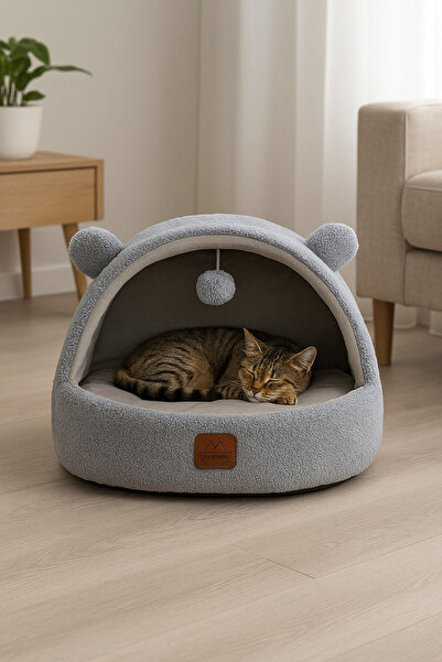 Jungolica Pet Products Tom, Çıkarılabilir Minderli, Ultra Yumuşak, Konforlu, Üstü Kapalı Tasarım Kedi Yatağı