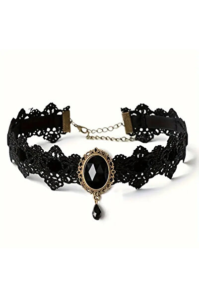 Filmaldım Siyah Taşlı Dantelli Kolye