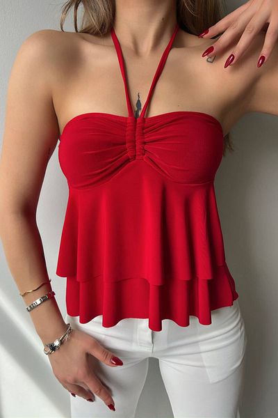 CİDDE Women's Gloped Halter Lace Detail Halter Blouse Sandy Fabric