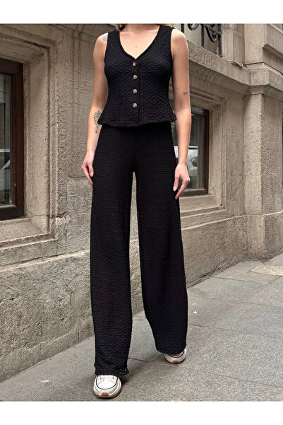 hazelin Women's Black Waistband Seersucker Fabric Trousers