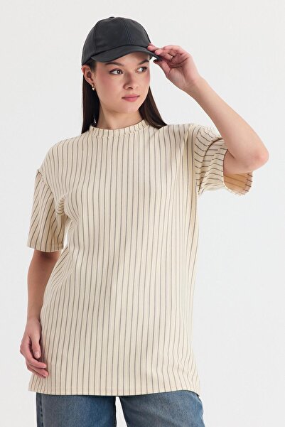 Rays Μπλουζάκι μπεζ ριγέ Oversize 4447A