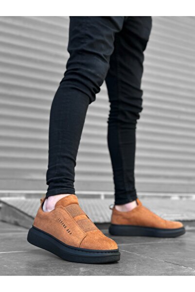 TUGERDİ Tugerdi Thick Suede Leather High Sole Double Tape Tan Black Men's Sports Shoes TGE230457