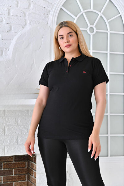 BLISSOM Kadın Pamuklu Likralı Polo Yaka Kısa Kollu Nakışlı Tişör