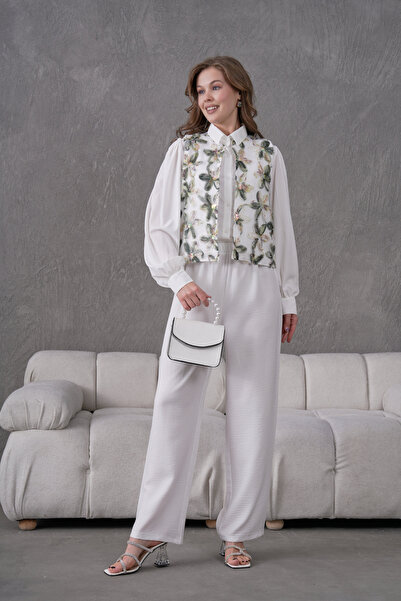 Miss Allos Дамска ленена жилетка с бродирани цветя от тюл и комплект горнище и долнище