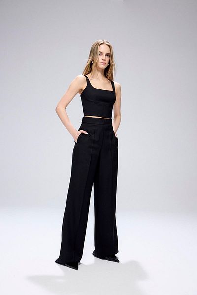 rue Wide Leg Black Trousers with Ironing Detail