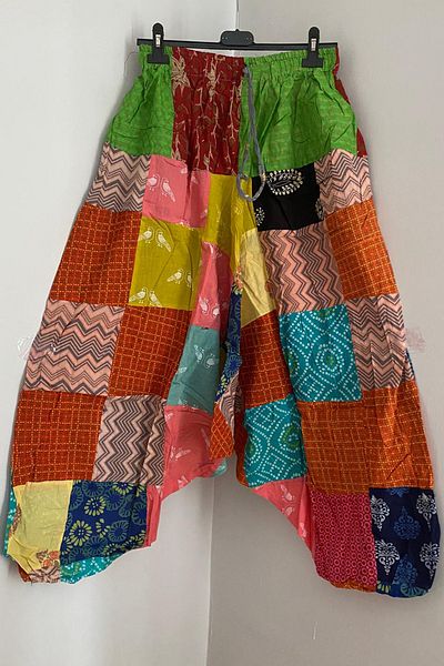 AYASOFYA OTANTIK Women's Nepalese Multi Color Ethnic Patchwork Loose Bohemian Baggy Trousers with Lace up Waist and Elasticized Legs