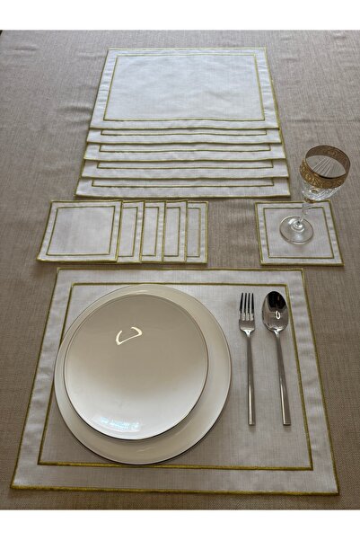 Smiling Home 12'li Set Gold Renk 6 Adet Çift Kare Amerikan Servis/supla & 6 A...