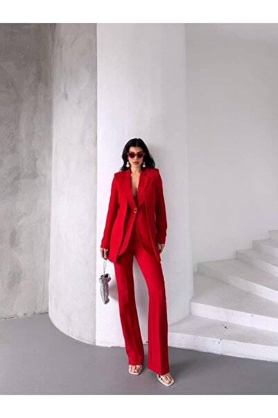 BARG FASHION Red Double Breasted Single Button Blazer Jacket Pants