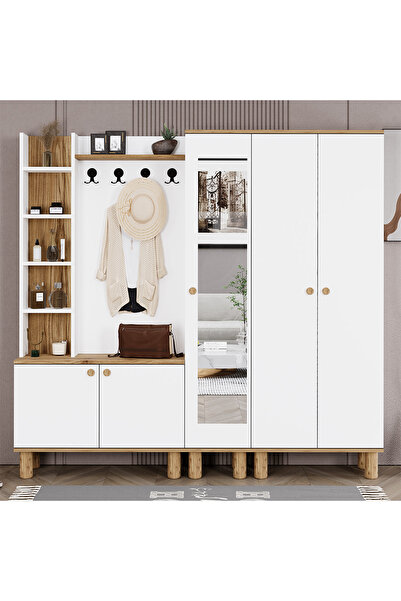 Kalender Dekor Evin-1-3-4 Bohem Ayaklı Aynalı Ayakkabılık Portmanto Vestiyer