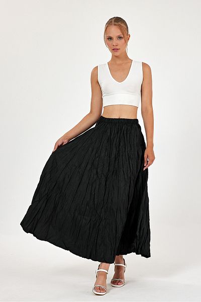 Pek Moda Γυναικεία μαύρη πλισέ υφασμάτινη φούστα Maxi Crush Flared Effect Μακριά φούστα