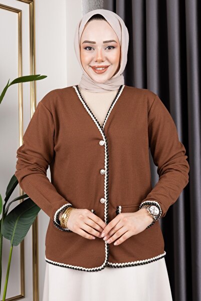 Sfg Life Moda Kadın Önü Cep Detaylı Düğmeli Ve Örgü Kumaş Burgu Hırka