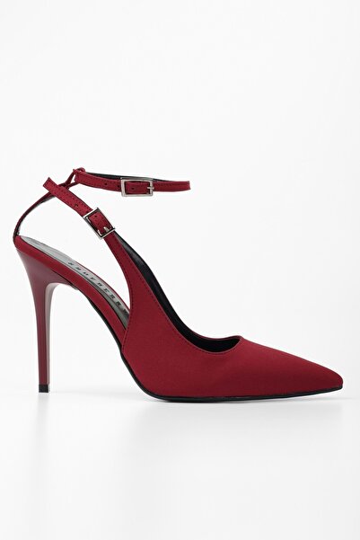 Shoeberry Women's Mila Burgundy Satin Belted Ankle Strap Stiletto