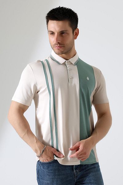 ribana Men's Striped Stripe Detailed Cotton Polo Neck T-Shirt