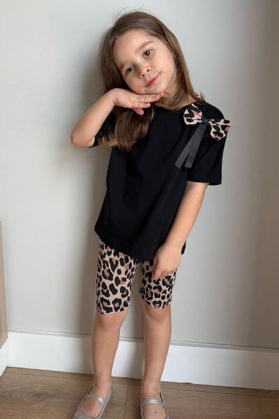 Beniizle Bow Detailed Summer Leopard Pattern Shorts Girl's Suit