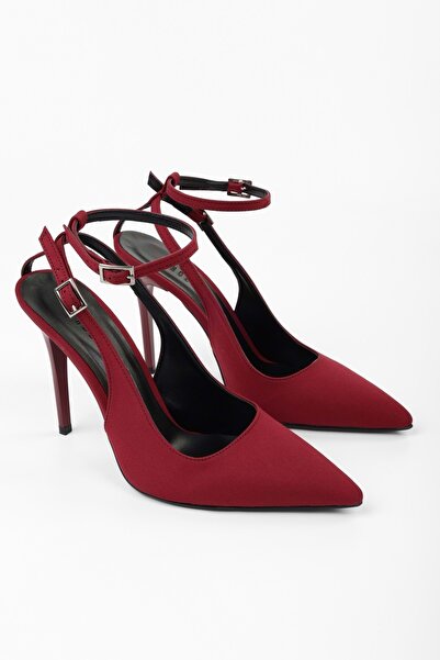 Shoeberry Women's Mila Burgundy Satin Belted Ankle Strap Stiletto